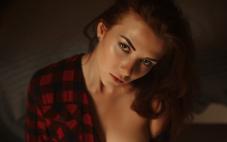 Woman long hair red shirt 2 - her eye free wallpaper for desktop