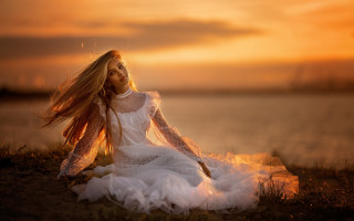Woman white dress wind sunset - a white dress free wallpaper for desktop