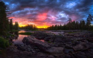 Sunset river rocks trees clouds - colorful cloud free wallpaper