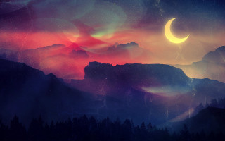 Mountain crescent moon forest sky - a forest below free wallpaper