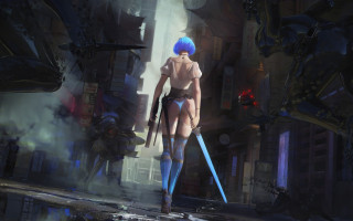 Blue hair woman sword robot - a futuristic setting free wallpaper for desktop