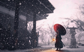 Woman kimono umbrella snow shrine - an umbrella in the snow free wallpaper