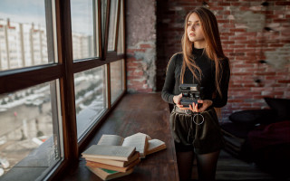 Woman camera window book library - lomography free wallpaper