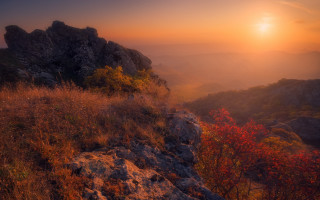 Sunset mountain autumn leaves lake - a sunset view free wallpaper