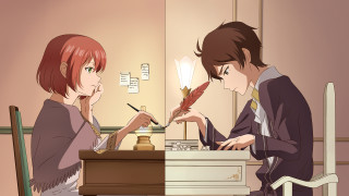 Couple people sitting table pen - a paper free wallpaper