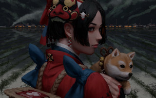 Woman dog cartoon fantasy digital - a sky background and a mountain range in the background free wallpaper