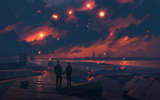 Dusk dock two people city - alena aenami free wallpaper for desktop