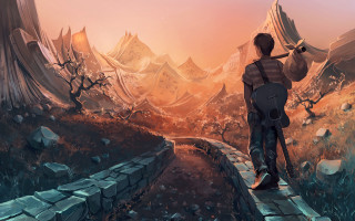 Fantasy man backpack mountains cave - fantasy artwork free wallpaper