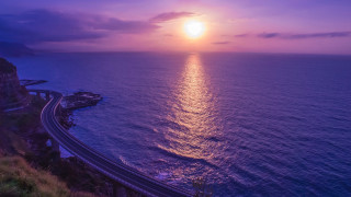 Sunset highway ocean train city - rim light free wallpaper for desktop