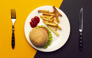 Plate hamburger fries knife fork - a fork and knife free wallpaper