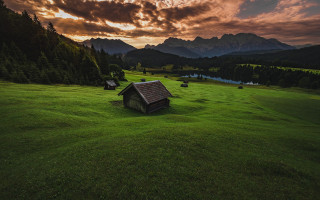 Small house field mountains sunset - free landscape wallpaper