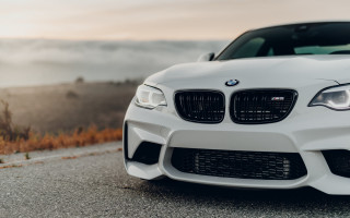 White bmw car fog mountain - the side of a road free wallpaper
