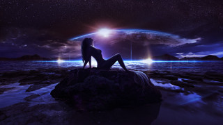Woman ocean earth space aurora - giantess art free wallpaper