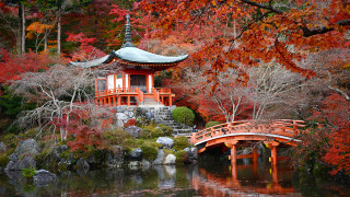 Small bridge pond pagoda autumn - japan eishōsai chōki free wallpaper