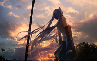 Long haired woman cyberpunk sunset - a pole in front free wallpaper