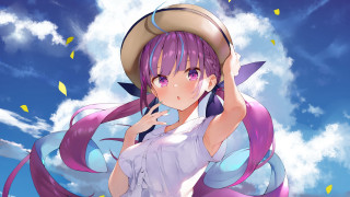 Purple hair girl clouds hat - her hand behind her head free wallpaper for desktop
