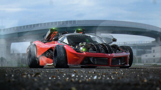 Red sports car bridge road - a hood free wallpaper