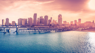 City skyline bridge water matte - american barbizon school free wallpaper