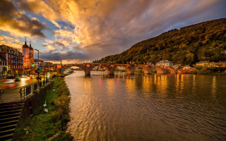 River bridge cars sunset clouds - a few car free wallpaper