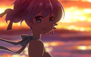 Sunset girl ponytail water rayonism - a sky background and a body of water free wallpaper