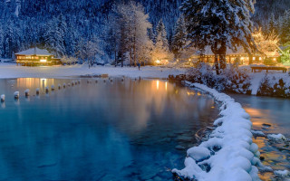 Lake snowy trees building night - night free wallpaper