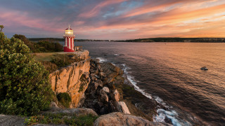 Lighthouse cliff ocean sunset boat 3 - elizabeth durack free wallpaper