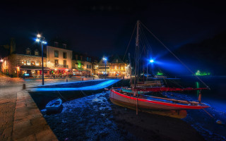 Lake night boat city aurora - thierry doizon free wallpaper for desktop