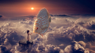 Woman fish clouds sunset cityscape - surreal photography free wallpaper