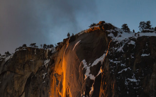 Waterfall sunset mountain snow trees - waterfall free wallpaper