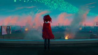 Fireworks girl red coat city - official art free wallpaper for desktop
