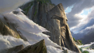 Mountain cliff clouds sunset castle - cushart krenz free wallpaper