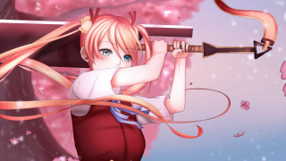 Long haired girl sword bow - long hair holding free wallpaper for desktop