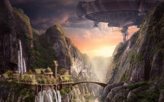 Futuristic city waterfall bridge castle - a futuristic city free wallpaper