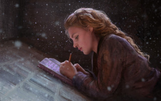 Girl writing snow book astronaut - art station free wallpaper