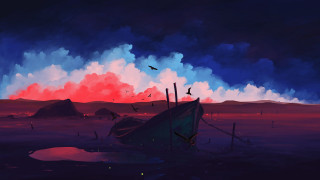 Boat water sky birds fantasy - anton fadeev free wallpaper for desktop