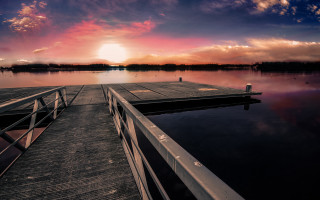 Sunset dock clouds water cityscape 2 - lake free wallpaper