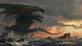 Dragon ship ocean sunset mountains - a painting of a dragon free wallpaper