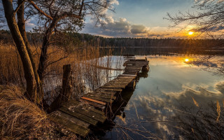 Wooden dock lake sunset autumn - lake free wallpaper