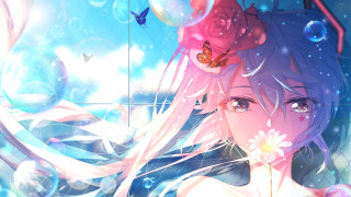 Girl butterfly flower anime tears - her head and a flower free wallpaper