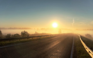 Foggy sunset road beach matte - anamorphic len free wallpaper for desktop