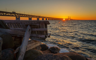Bench shore sunset bridge boat - water free wallpaper for desktop