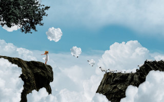 Woman cliff clouds tree surrealism - a surrealist painting free wallpaper