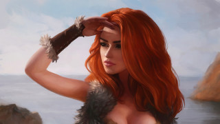 Red haired woman fur coat - a painting of a woman free wallpaper
