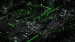 City overgrown green pipes skyscraper - center area free wallpaper