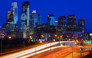 City skyline highway night lights 5 - the building and the street free wallpaper