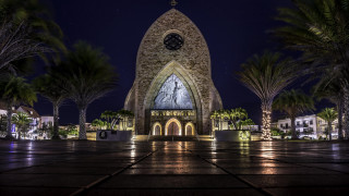 Clocktower palmtrees nightfireworks aurora galaxy - the front of it free wallpaper