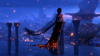 Fantasy city night woman platform - a city in the background free wallpaper for desktop
