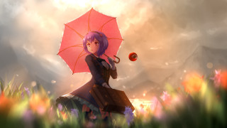Purple hair woman flower umbrella - a red ball free wallpaper