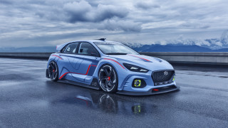 Blue car red stripe mountains - a wet surface free wallpaper