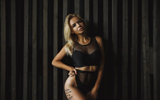 Black lingerie arabesque blonde tattoo - her right leg up free wallpaper